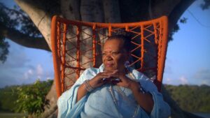 Neusa Borges sentada em cadeira laranja com árvore ao fundo